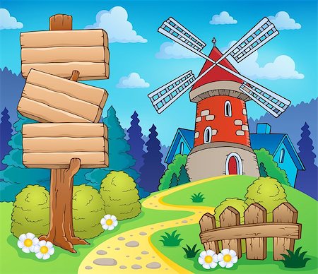 simsearch:400-05724401,k - Scenery with sign and windmill - eps10 vector illustration. Stock Photo - Budget Royalty-Free & Subscription, Code: 400-07677724