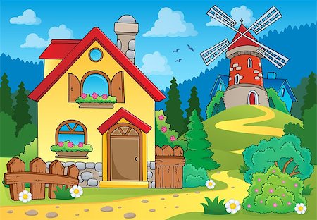 simsearch:400-05724401,k - Spring theme house and windmill - eps10 vector illustration. Stock Photo - Budget Royalty-Free & Subscription, Code: 400-07677726