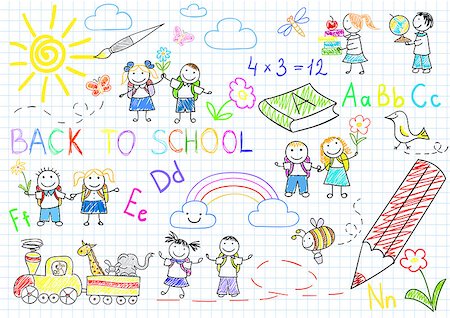 simsearch:695-03381153,k - Back to school. Vector sketches with happy pupils. Sketch on notebook page Stock Photo - Budget Royalty-Free & Subscription, Code: 400-07678516