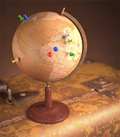 simsearch:400-07680047,k - Old globe with pins marking the route of the trip on top a vintage suitcase. Stock Photo - Budget Royalty-Free & Subscription, Code: 400-07678723