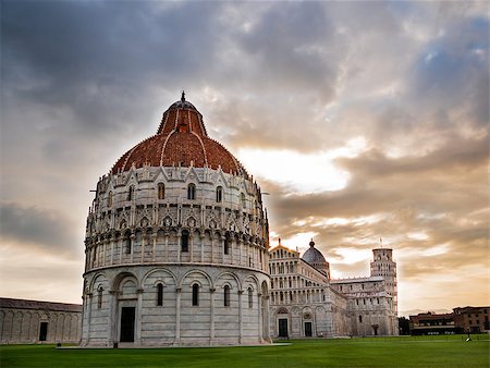 simsearch:400-05672489,k - Piazza dei Miracoli; in foreground the Baptistry, the Dome than the leaning tower of Pisa, Italy. Stock Photo - Budget Royalty-Free & Subscription, Code: 400-07681459
