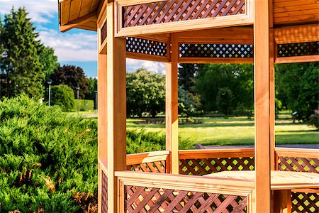 summerhouse - Outdoor wooden gazebo over summer landscape background Stock Photo - Budget Royalty-Free & Subscription, Code: 400-07681731