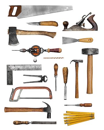 Old carpenter hand tools set collection isolated on white Stock Photo - Budget Royalty-Free & Subscription, Code: 400-07682268