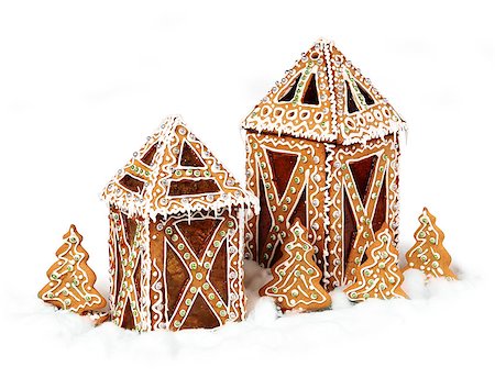 Gingerbread cookies cottages isolated in white snow background Stock Photo - Budget Royalty-Free & Subscription, Code: 400-07682356