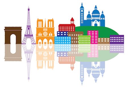 eiffel tower clip art - Paris France City Skyline Outline Silhouette Color with Reflection Isolated on White Background Panorama Illustration Stock Photo - Budget Royalty-Free & Subscription, Code: 400-07716115