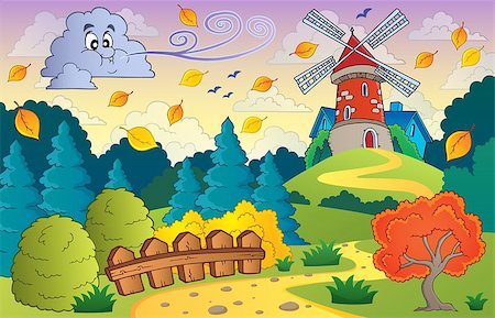 simsearch:400-05724401,k - Autumn landscape windmill and cloud - eps10 vector illustration. Stock Photo - Budget Royalty-Free & Subscription, Code: 400-07718552