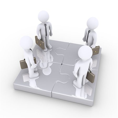 simsearch:400-06172483,k - Four 3d businessmen are standing on connected puzzle pieces Stock Photo - Budget Royalty-Free & Subscription, Code: 400-07718771