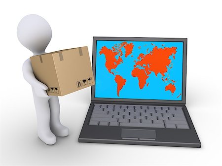 simsearch:400-05735817,k - 3d person holding a cardboard box is beside a laptop with the world map Stock Photo - Budget Royalty-Free & Subscription, Code: 400-07720342