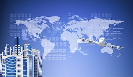 World map, skyscrapers and flying airplane. Business concept Stock Photo - Budget Royalty-Free & Subscription, Code: 400-07746273