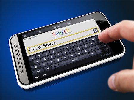 simsearch:400-07337983,k - Case Study in Search String - Finger Presses the Button on Modern Smartphone on Blue Background. Stock Photo - Budget Royalty-Free & Subscription, Code: 400-07748733