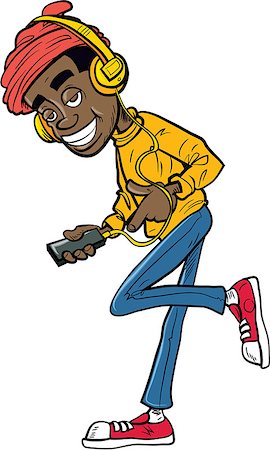 Cartoon teen with earphones listening to music on his mobile phone Stock Photo - Budget Royalty-Free & Subscription, Code: 400-07749850