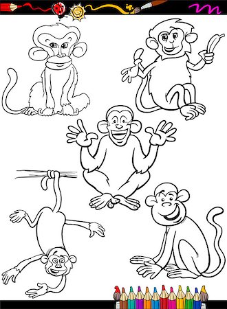 simsearch:400-04394183,k - Coloring Book or Page Cartoon Illustration of Black and White Funny Monkeys and Apes Primate Animals Characters Set for Children Stock Photo - Budget Royalty-Free & Subscription, Code: 400-07756950