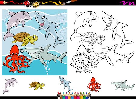 fish cartoon characters - Cartoon Illustrations of Funny Sea Life Animals Characters Group for Coloring Book with Elements Set Stock Photo - Budget Royalty-Free & Subscription, Code: 400-07758233