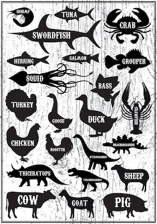 set of vector silhouettes of animals and birds on wood background Stock Photo - Budget Royalty-Free & Subscription, Code: 400-07759895
