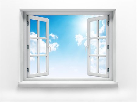 simsearch:400-07820254,k - Open window against a white wall and the cloudy sky and sun Stock Photo - Budget Royalty-Free & Subscription, Code: 400-07774312