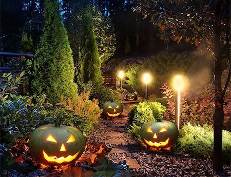 Illuminated home garden path patio lights with halloween pumpkin lanterns Stock Photo - Budget Royalty-Free & Subscription, Code: 400-07774937