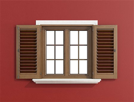 Detail of a wooden window with shutters open on red wall ,clipping path on glass- 3D Rendering Stock Photo - Budget Royalty-Free & Subscription, Code: 400-07796873