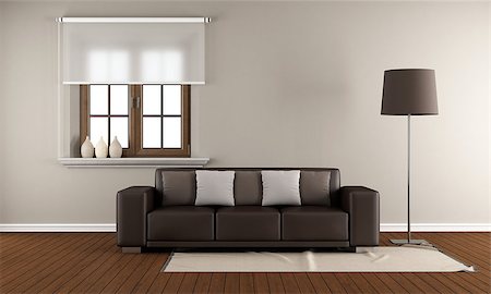 simsearch:400-07513835,k - Modern Living room with wooden window and brown sofa on wooden floor - 3D Rendering Foto de stock - Super Valor sin royalties y Suscripción, Código: 400-07797413