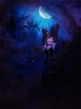 Fantasy illustration with scary vampire at night, mysterious background. Stock Photo - Budget Royalty-Free & Subscription, Code: 400-07824084