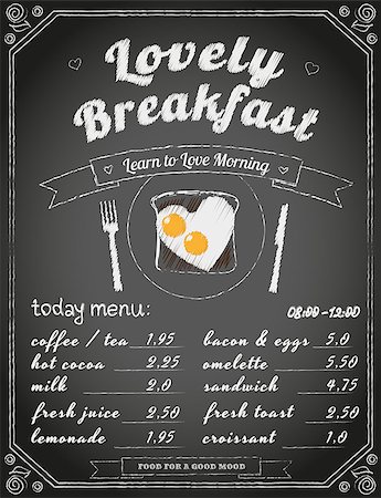 Breakfast menu on the chalkboard. Text outlined. Free fonts -  Lobster, Yesteryear Stock Photo - Budget Royalty-Free & Subscription, Code: 400-07824254