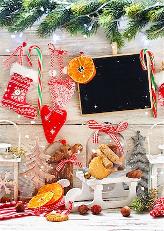 simsearch:400-05693036,k - Christmas decorations with cookies in a glass bell jar on a sledge with greeting on chalk blackboard. Stock Photo - Budget Royalty-Free & Subscription, Code: 400-07824852