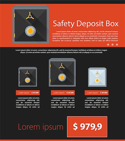simsearch:400-05913816,k - Flat vector illustration of black and gray safe deposit with sample text and price on black and red background. Stock Photo - Budget Royalty-Free & Subscription, Code: 400-07828360