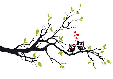 Cute owls in love sitting on green tree, vector illustration Stock Photo - Budget Royalty-Free & Subscription, Code: 400-07828884