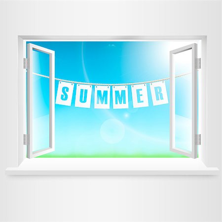 simsearch:400-07820254,k - Summer Banner Hanging Out Of Window. Vector Illustration. Stock Photo - Budget Royalty-Free & Subscription, Code: 400-07820254