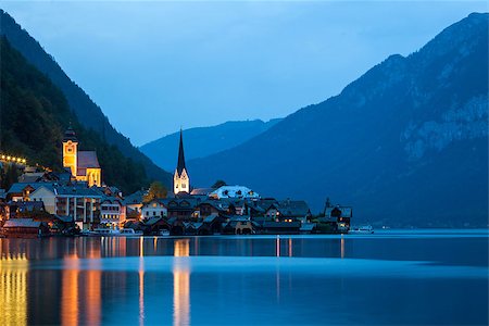 Night view of Hallstatt village with Christuskirche church bell tower, Austria Stock Photo - Budget Royalty-Free & Subscription, Code: 400-07822576