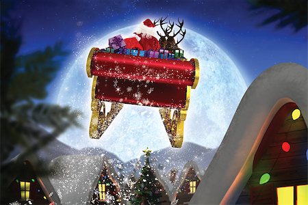 Santa flying his sleigh against christmas village under full moon Stock Photo - Budget Royalty-Free & Subscription, Code: 400-07834731