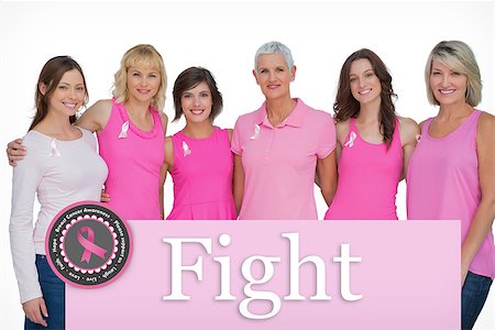 simsearch:400-07835111,k - Happy women wearing pink for breast cancer awareness against pink card Stock Photo - Budget Royalty-Free & Subscription, Code: 400-07834844