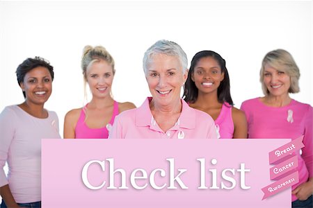 simsearch:400-07835111,k - Diverse group of women wearing pink tops and breast cancer ribbons against pink card Stock Photo - Budget Royalty-Free & Subscription, Code: 400-07834868