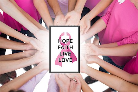 simsearch:400-07835111,k - Hands joined in circle holding breast cancer struggle symbol against breast cancer awareness message Stock Photo - Budget Royalty-Free & Subscription, Code: 400-07835048