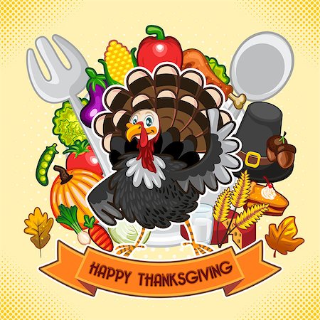 simsearch:400-04227157,k - Turkey with a Happy Thanksgiving sign and background of multiple icons of food and thanksgiving theme. The text can be removed and replaced with your own message. Stock Photo - Budget Royalty-Free & Subscription, Code: 400-07830011
