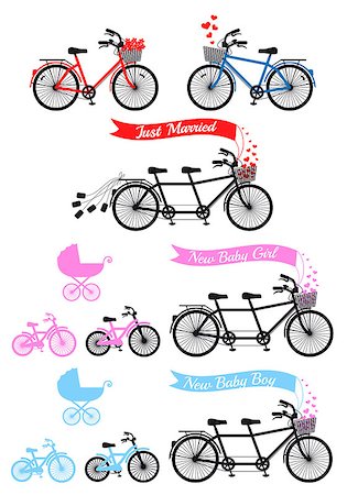 Baby shower with tandem bicycle and children's bike and buggy, vector set Stock Photo - Budget Royalty-Free & Subscription, Code: 400-07831125