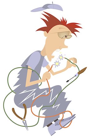 Cartoon comic electrician repairs wires and makes a short circuit Stock Photo - Budget Royalty-Free & Subscription, Code: 400-07832650