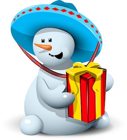 illustration merry snowman with gift in a sombrero Stock Photo - Budget Royalty-Free & Subscription, Code: 400-07833806