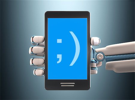 simsearch:400-07899875,k - Robot hand holding a cell phone. Your text on the blue screen. Clipping path included. Stock Photo - Budget Royalty-Free & Subscription, Code: 400-07895570