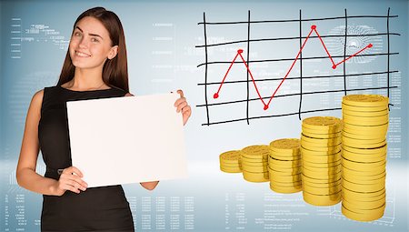 Business woman hold empty paper. Stacks of gold coins. Graphs and texts as backdrop Stock Photo - Budget Royalty-Free & Subscription, Code: 400-07895667