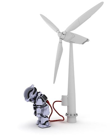 simsearch:400-04279469,k - 3D Render of a Robot recharging by wind turbine Stock Photo - Budget Royalty-Free & Subscription, Code: 400-07896895