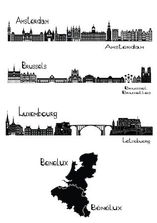 Vector illustration of silhouettes of capitals of Benelux - Amsterdam, Brussels, Luxembourg Stock Photo - Budget Royalty-Free & Subscription, Code: 400-07892766