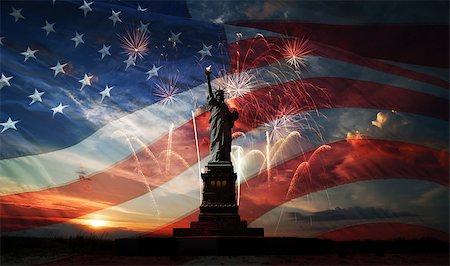 Statue of Liberty on the background of flag usa, sunrise and fireworks Stock Photo - Budget Royalty-Free & Subscription, Code: 400-07915106