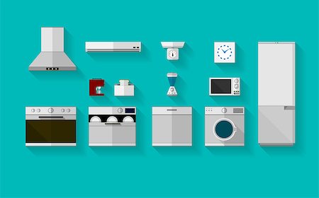 Set of gray flat vector icons with household appliances for kitchen on blue background. Stock Photo - Budget Royalty-Free & Subscription, Code: 400-07915731