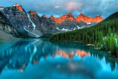 simsearch:400-07823385,k - Taken at the peak of color during the morning sunrise at Moraine lake in Banff National park. Stock Photo - Budget Royalty-Free & Subscription, Code: 400-07916947