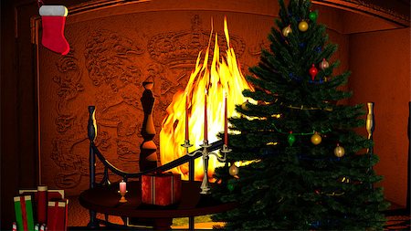 A Christmas tree with gifts and candles near fireplace Stock Photo - Budget Royalty-Free & Subscription, Code: 400-07918449
