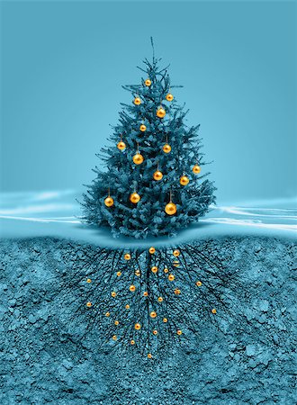 earth with christmas tree - Christmas tree with golden balls, roots in soil beneath Stock Photo - Budget Royalty-Free & Subscription, Code: 400-07919788