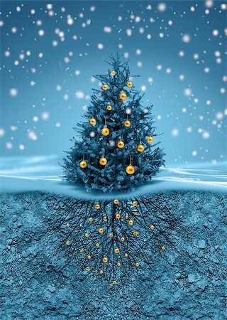 earth with christmas tree - Christmas tree with golden balls in snowfall, roots in soil beneath Stock Photo - Budget Royalty-Free & Subscription, Code: 400-07919789