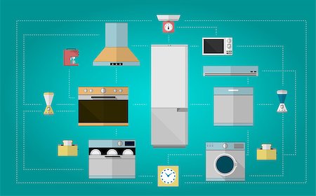 simsearch:400-04790475,k - Set design of colored flat vector icons for home with kitchen equipment on blue background. Stock Photo - Budget Royalty-Free & Subscription, Code: 400-07924270