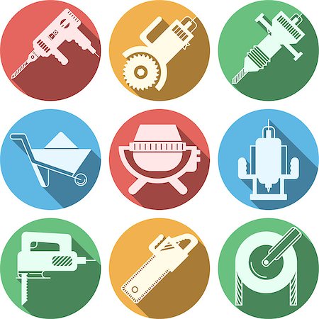 Set of colored circle flat vector icons for construction with white silhouette tools and equipment with long shadow on white background. Stock Photo - Budget Royalty-Free & Subscription, Code: 400-07925580