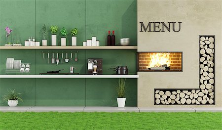 Wall barbecue in a modern garden without furniture - 3D Rendering Stock Photo - Budget Royalty-Free & Subscription, Code: 400-07920055